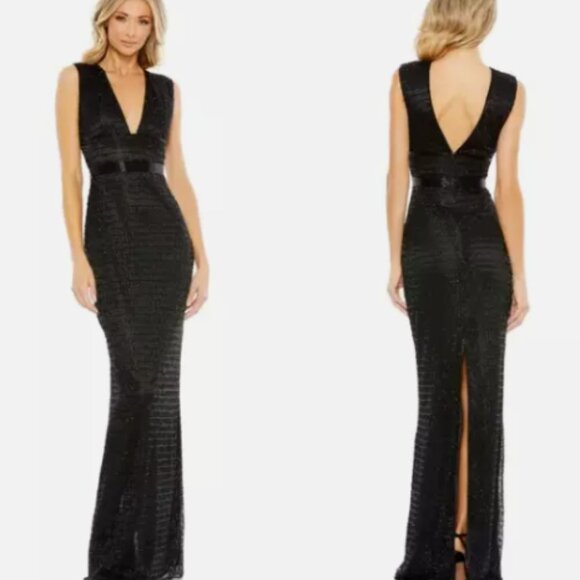 MAC DUGGAL 5625 BEADED CAP SLEEVE V-NECK BLACK SEQUIN COLUMN GOWN sz 14 - Picture 5 of 5